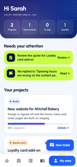 The client area in the WE-DEV app: projects, open tickets, invoices to pay and quotes waiting for a reply