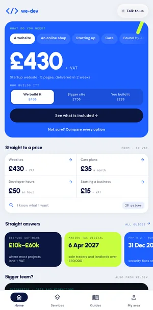 Home in the WE-DEV app: pick what you need and who builds it, and the price shows at once, here a Startup website at £430 + VAT