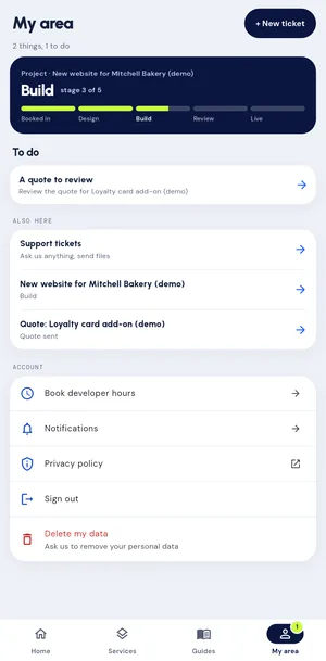 My area in the WE-DEV app: the project stage, what needs the client, support tickets and quotes