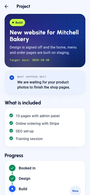 A project page in the WE-DEV app: the current stage, what happens next, the target date and what is included