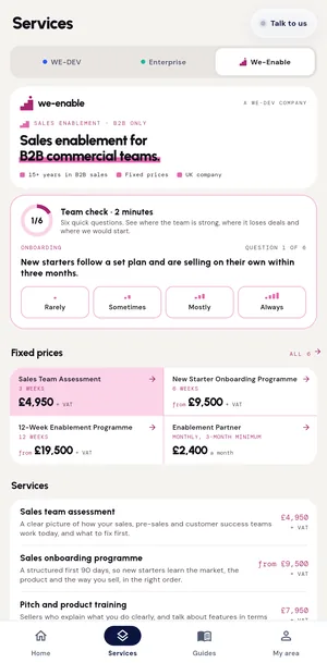We-Enable in the WE-DEV app: sales enablement for B2B teams, with the 2-minute team check answered on the phone