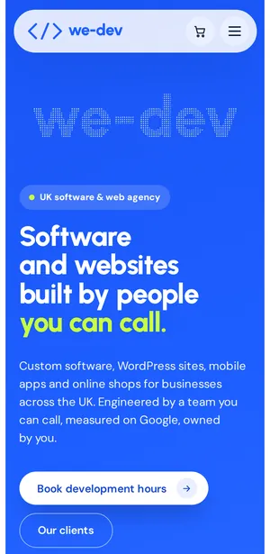 The WE-DEV home page on a phone, where it scores 95 or more on Lighthouse