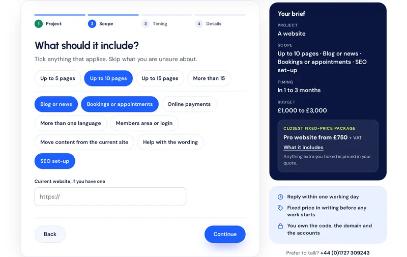 The WE-DEV quote planner: choose the type of project, what it should include, timing and budget, and see the closest fixed-price package