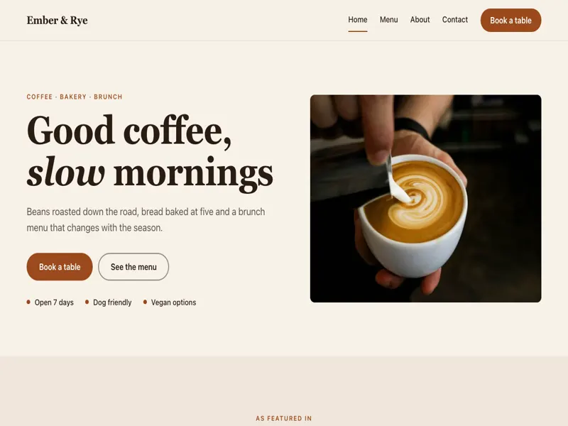 Ember website template: cafés, restaurants, bakeries and bars