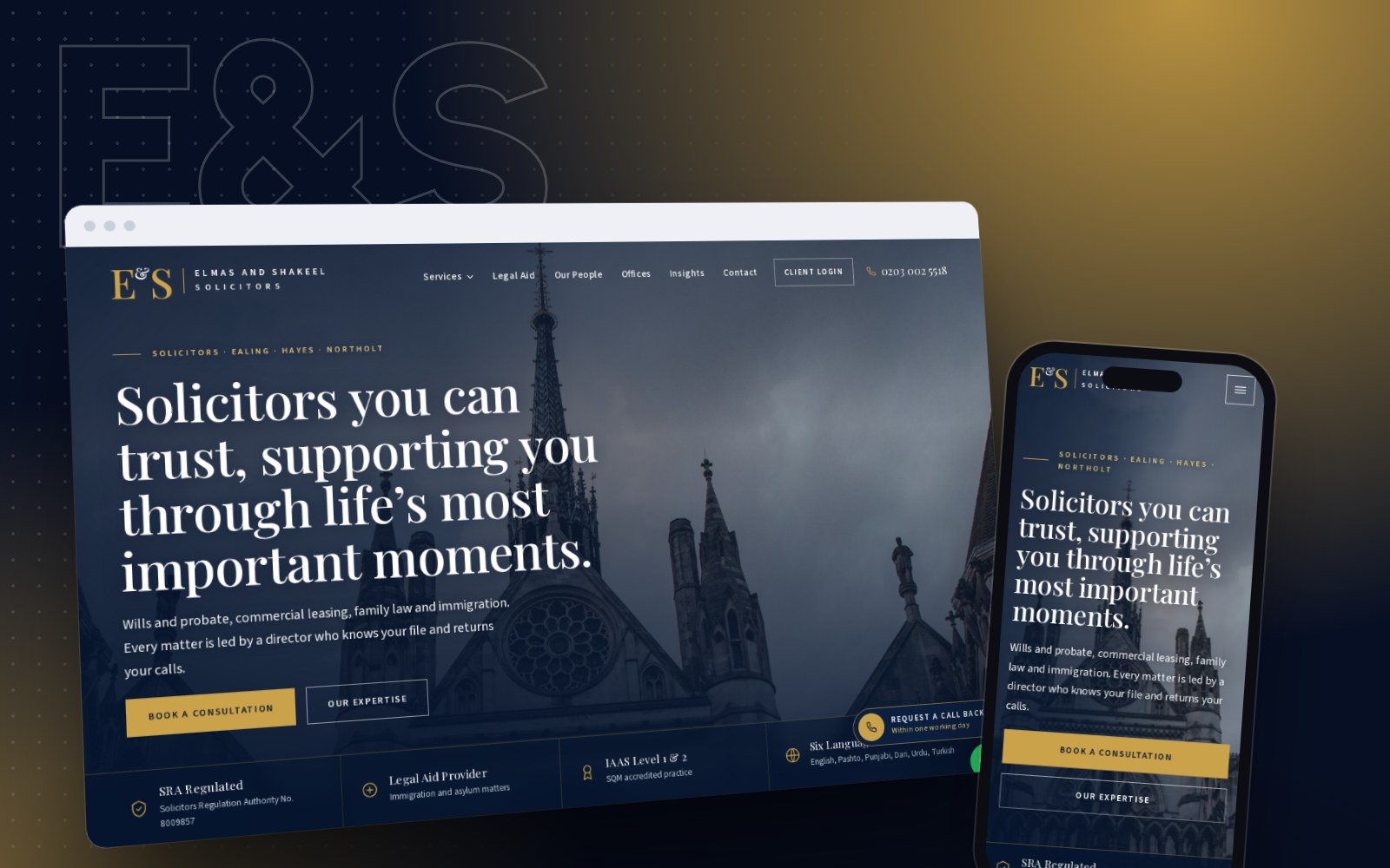 E&S Solicitors: the finished project on desktop and phone