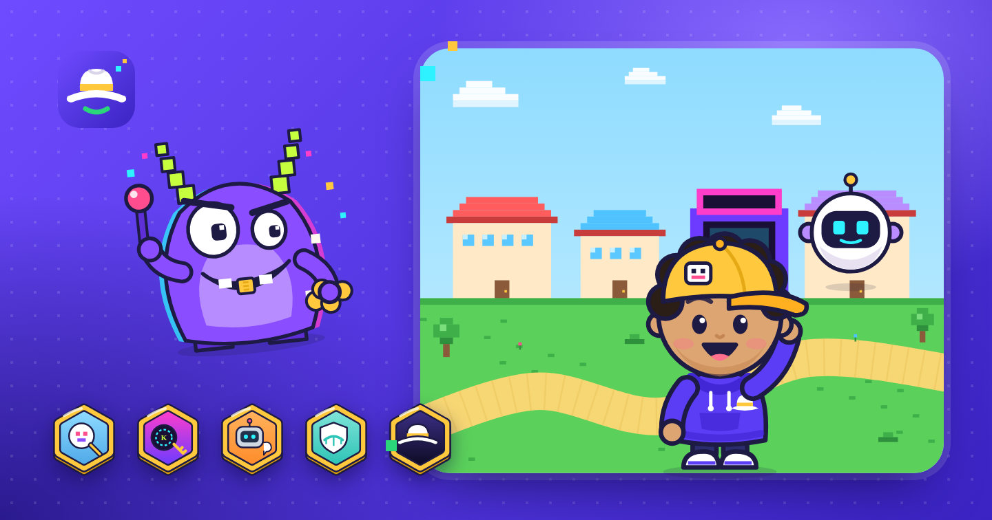 BrightHat cartoon art: Sam in a yellow cap waves in Pixel Town beside Bit the helper robot, while Glitchgob the purple villain lurks and the five world badges sit in a row