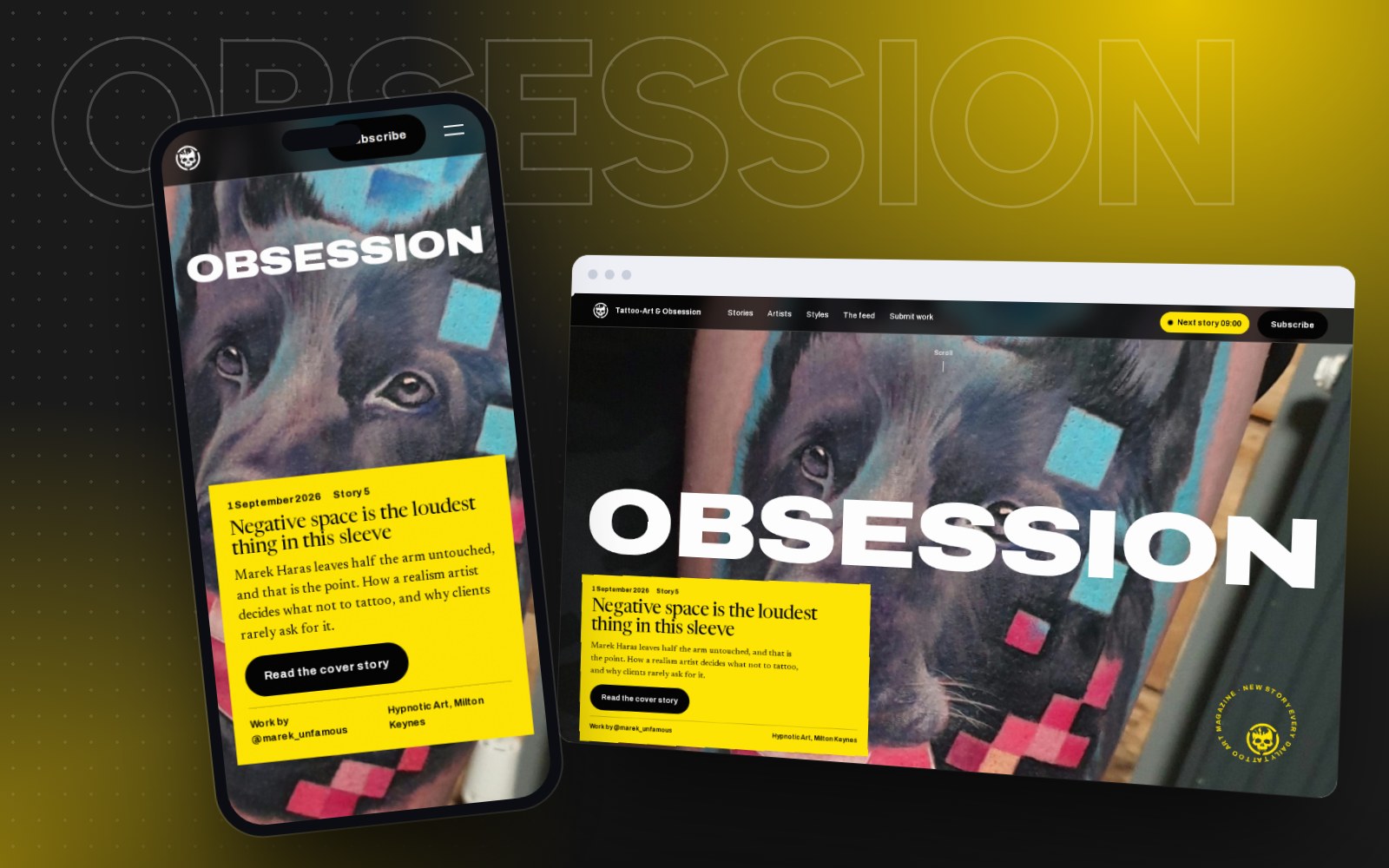 Tattoo-Art & Obsession: the finished project on desktop and phone